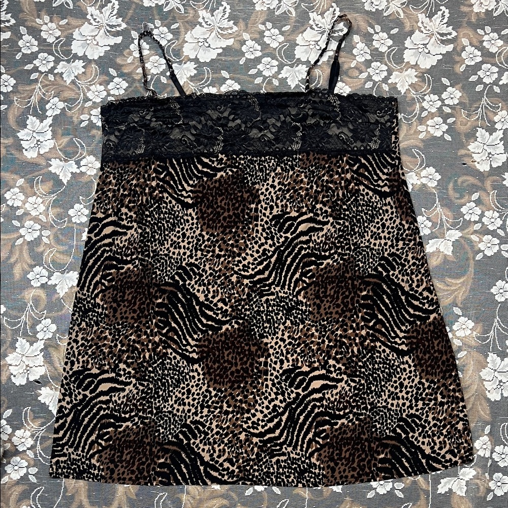 Leopard Print Lace Trim Cami Top Mini Dress Lingerie